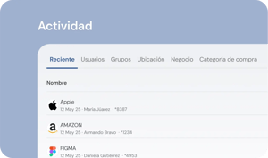 Interfaz de la plataforma Clara mostrando actividades recientes de gastos corporativos en tiempo real con proveedores como Apple, Amazon y Figma